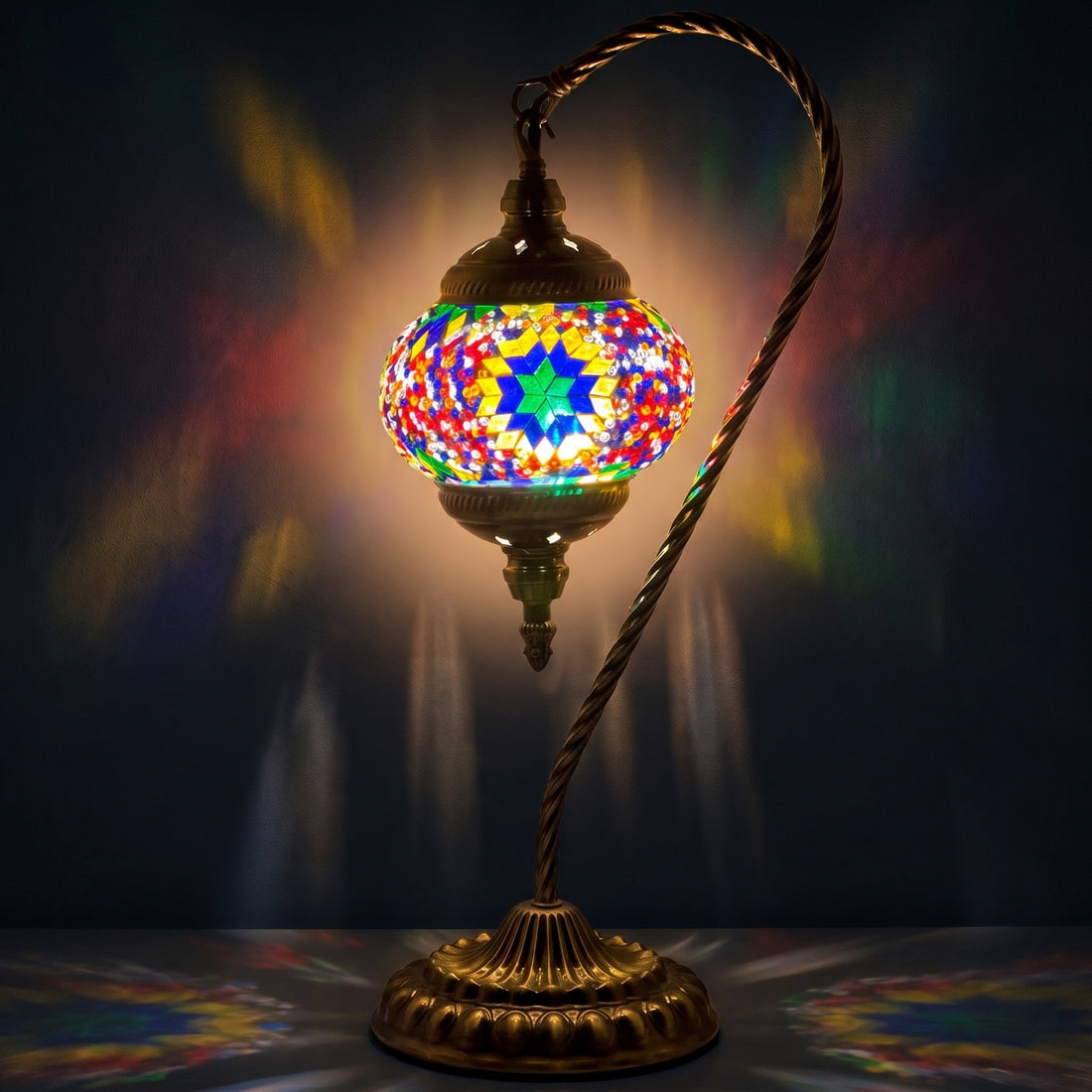 Yellow Swan Neck Handmade Mosaic Table Lamps mosaic glass table lamp — glowing against a deep charcoal background