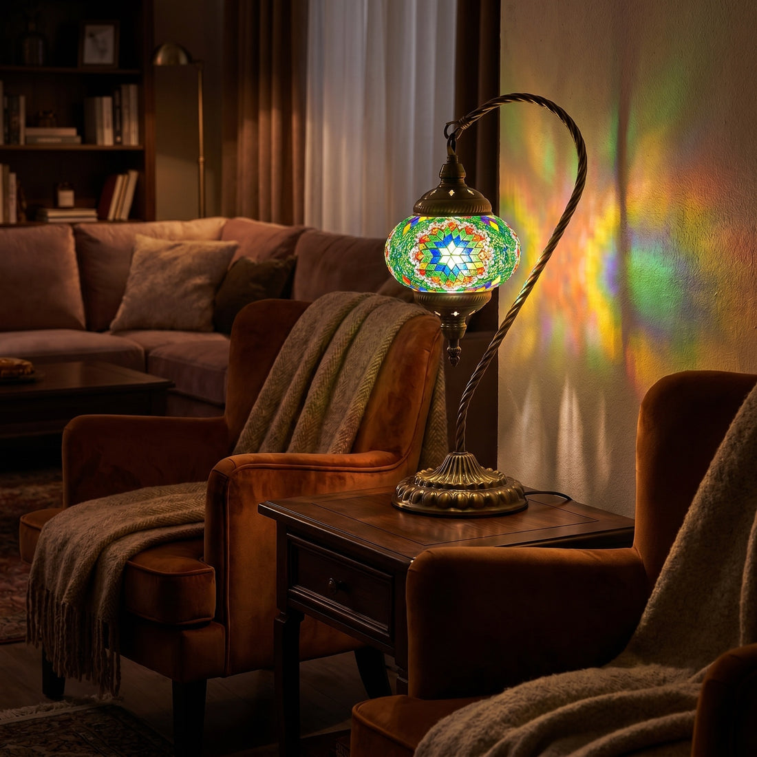Yellow Swan Neck Handmade Mosaic Table Lamps mosaic glass table lamp — glowing against a deep charcoal background