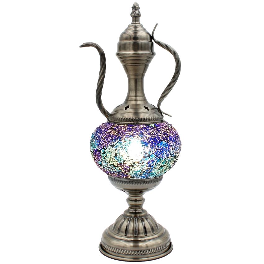a silver vase with a purple and blue design on it