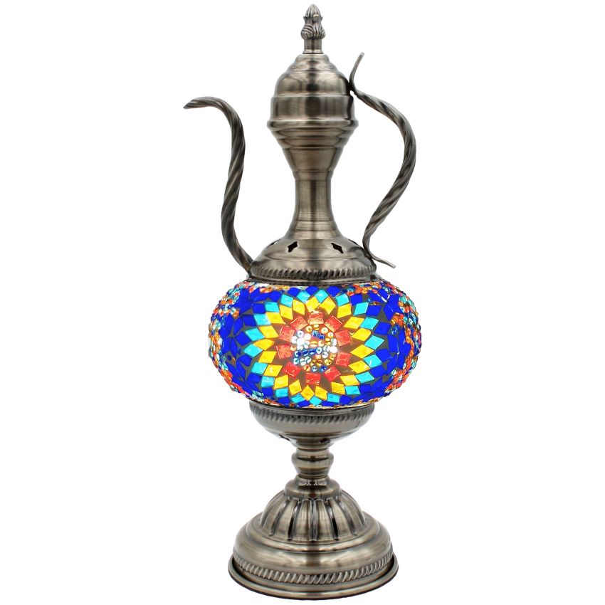 a metal vase with a colorful design on it