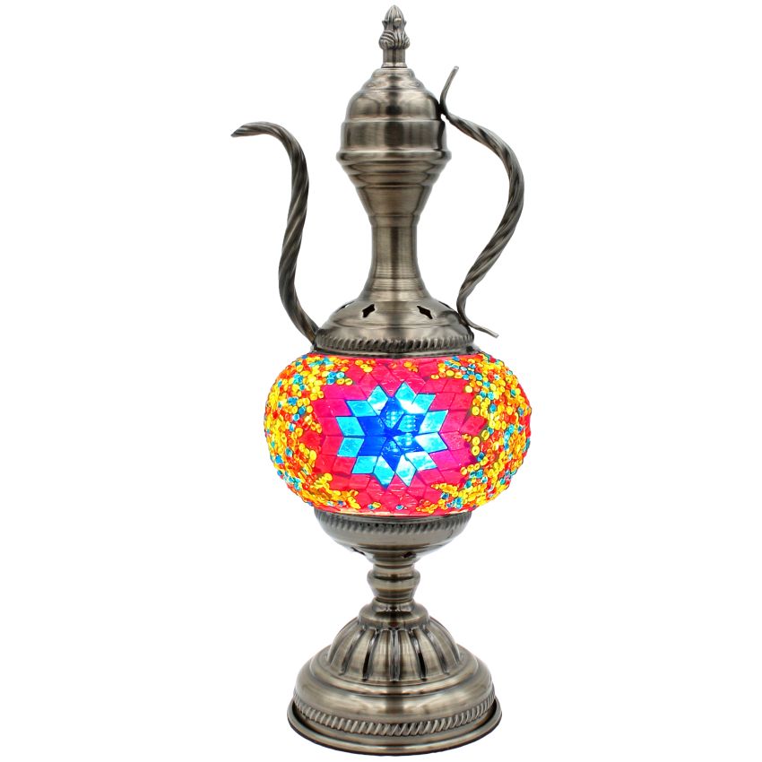 a silver vase with a colorful design on it